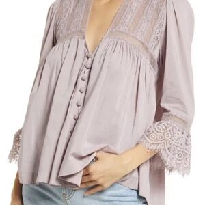 Free People Lace Trim Blouse in Lavender